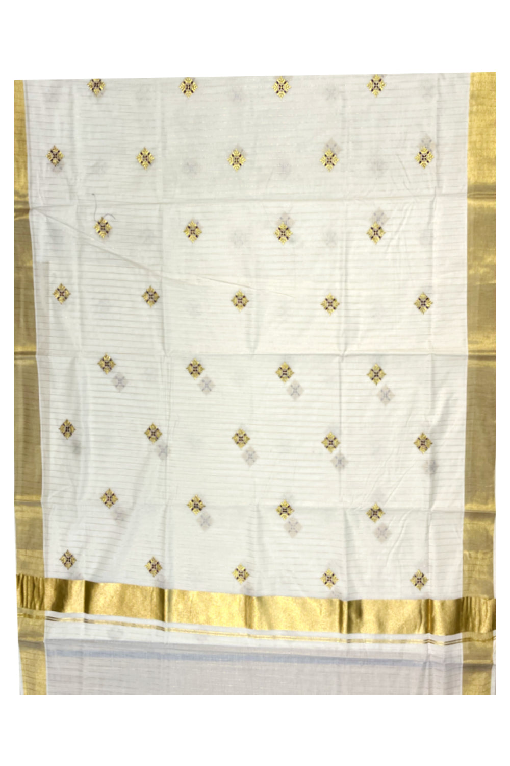 Kerala Cotton Kasavu  Lines Saree with Violet and Golden Embroidery Work