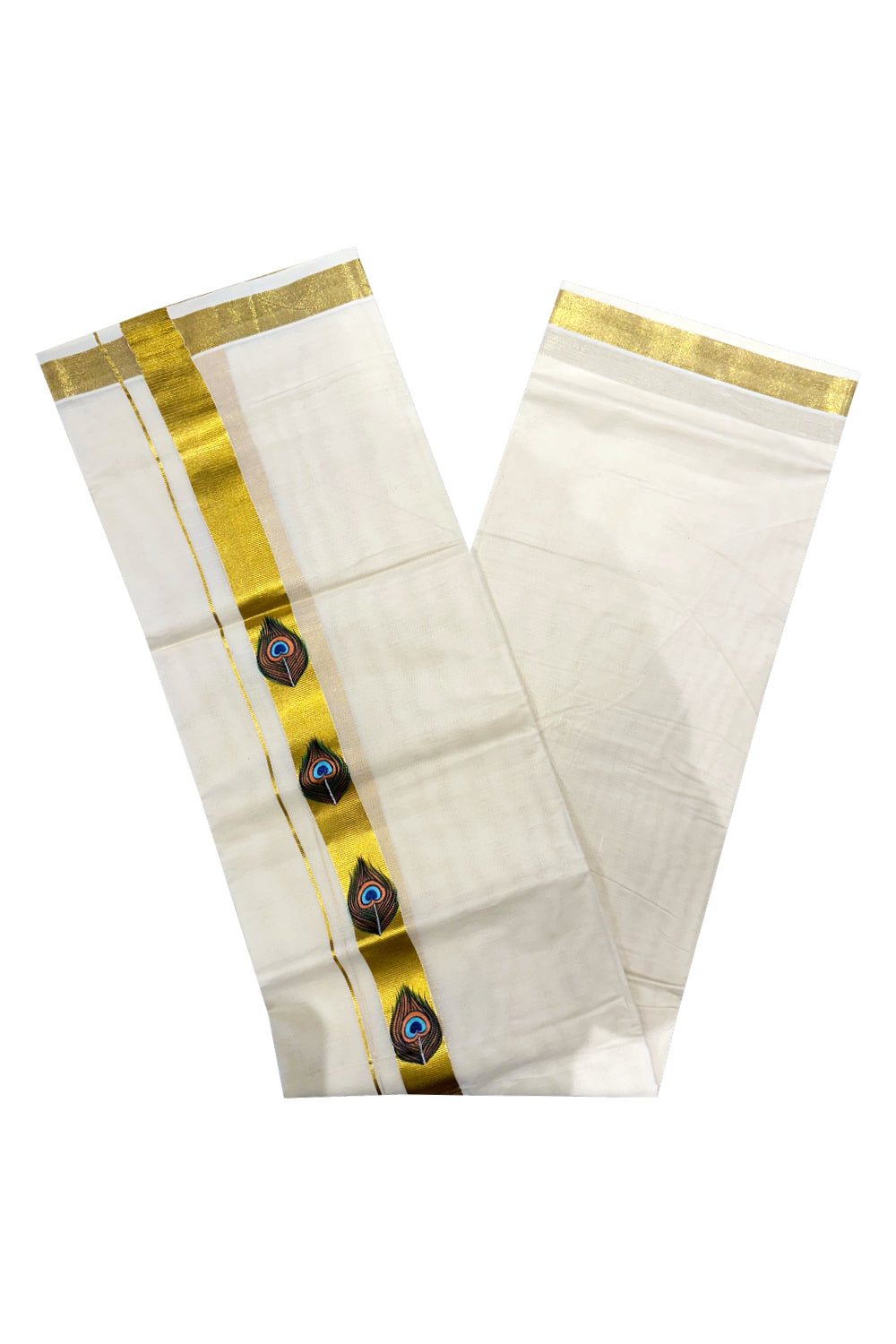 Off White Pure Cotton Double Mundu with Feather Mural Painted Design on Kasavu Kara (South Indian Dhoti)