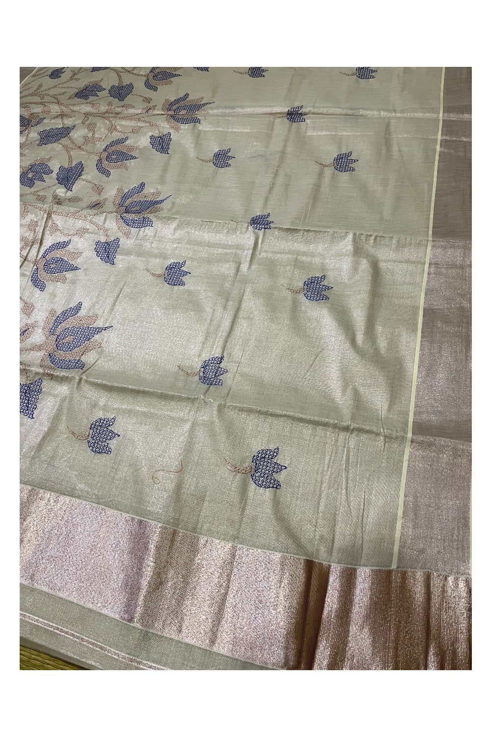 Kerala Rose Copper Tissue Kasavu Saree with Blue Embroidery Works on Body