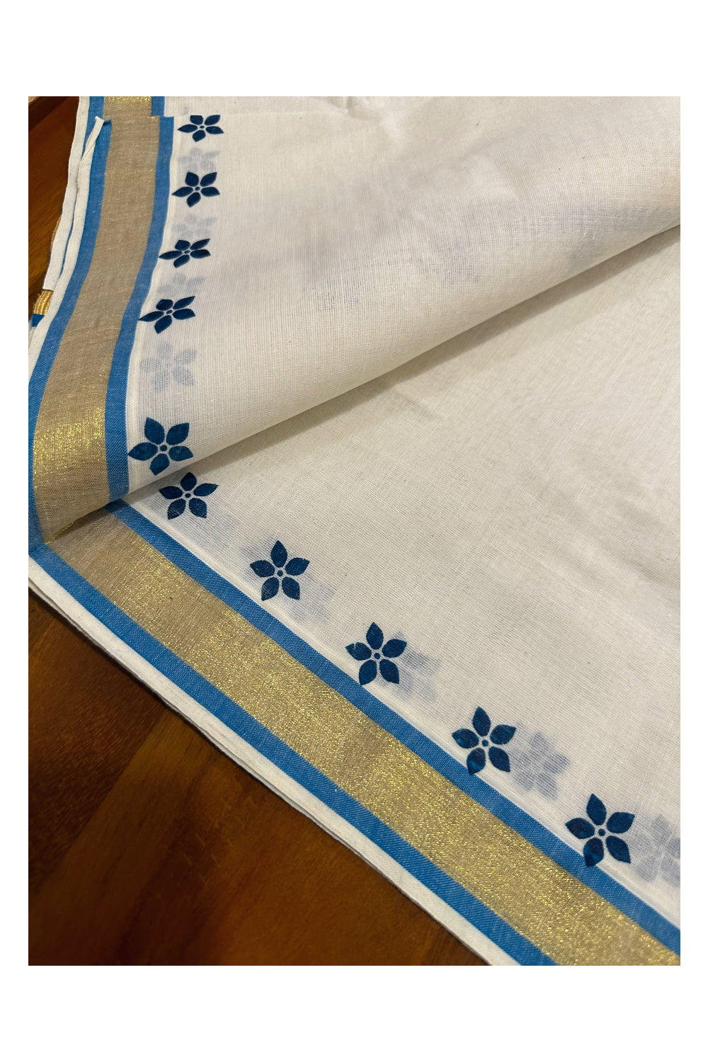 Kerala Cotton Kasavu Single Set Mundu (Mundum Neriyathum) with Blue Block Prints on Border 2.80 Mtrs