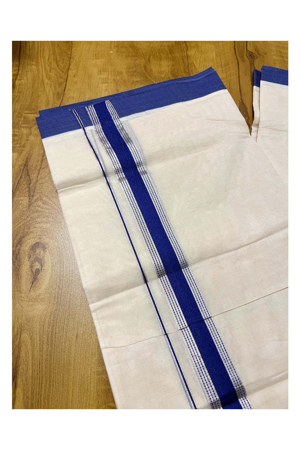 Pure Cotton Off White Double Mundu with Silver Kasavu and Blue Border (South Indian Kerala Dhoti)