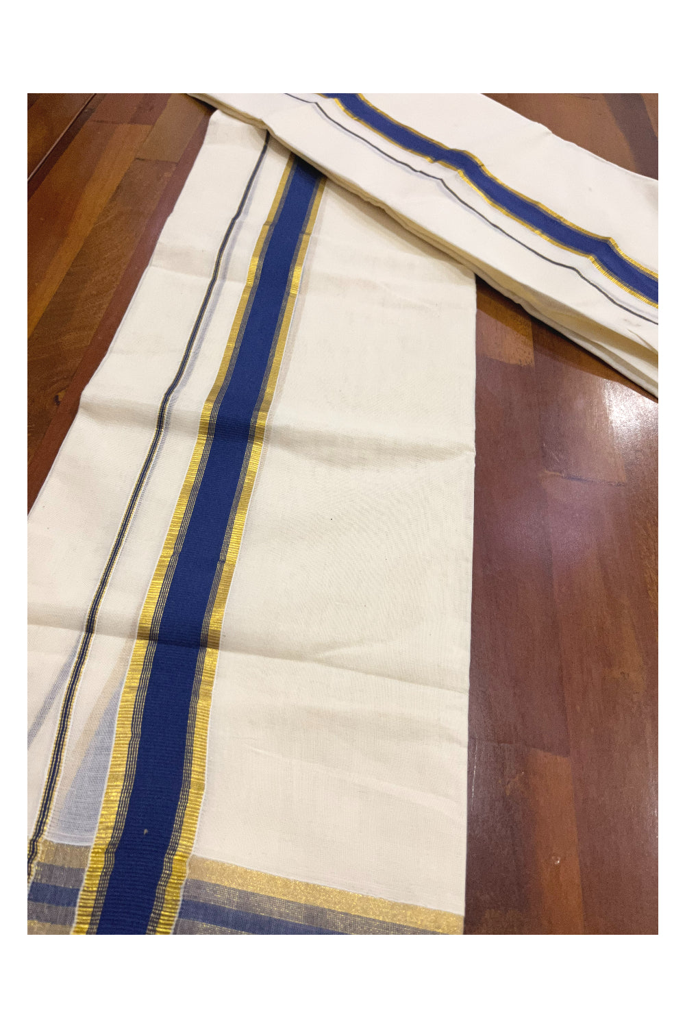 Pure Cotton Kerala Single Set Mundu (Mundum Neriyathum) with Blue and Kasavu Border 2.80 Mtrs (Onam Set Mundu 2023)