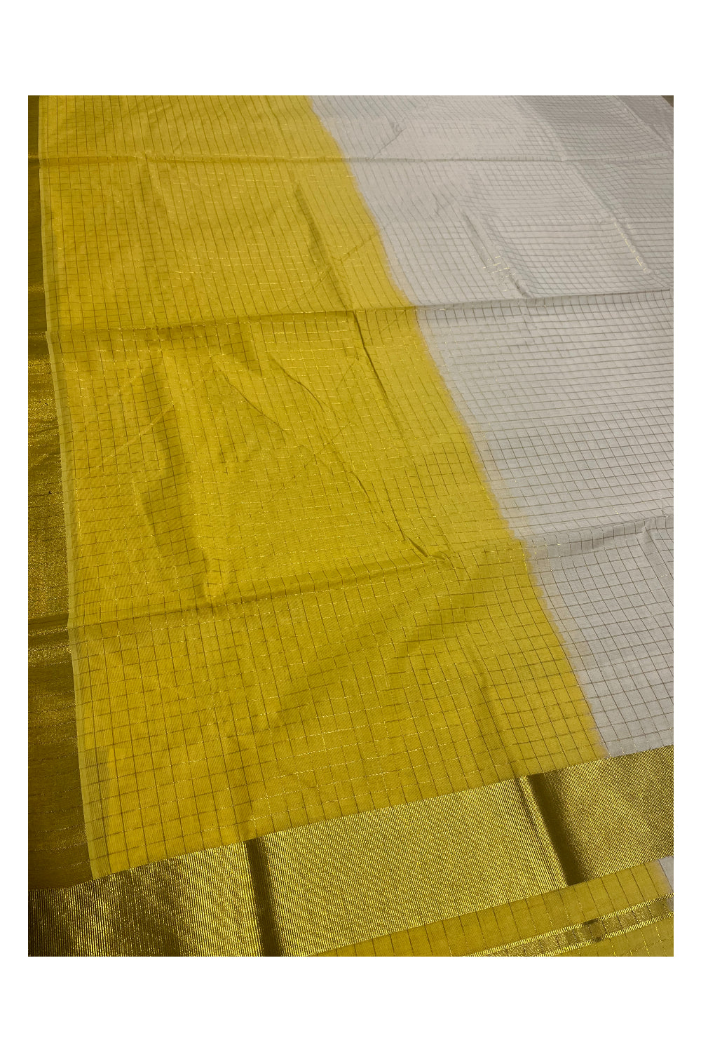 Southloom Cotton Tie & Dye - Half & Half Yellow Design Saree with Kasavu Checks Across Body