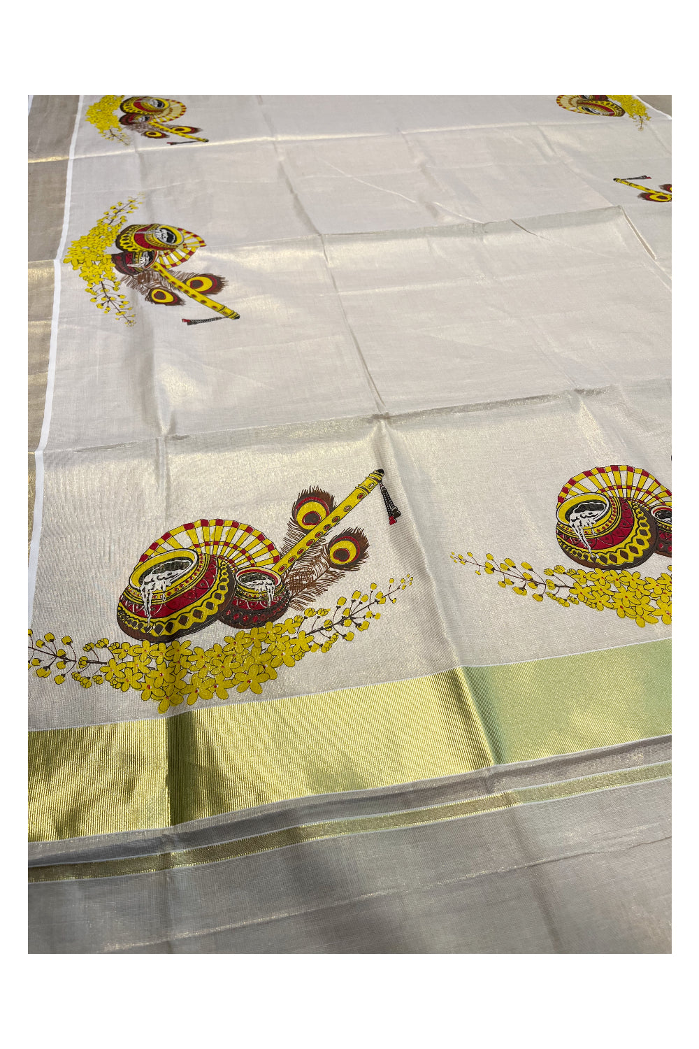 Kerala Tissue Kasavu Saree with Peacock Feather and Flute Mural Printed Designs