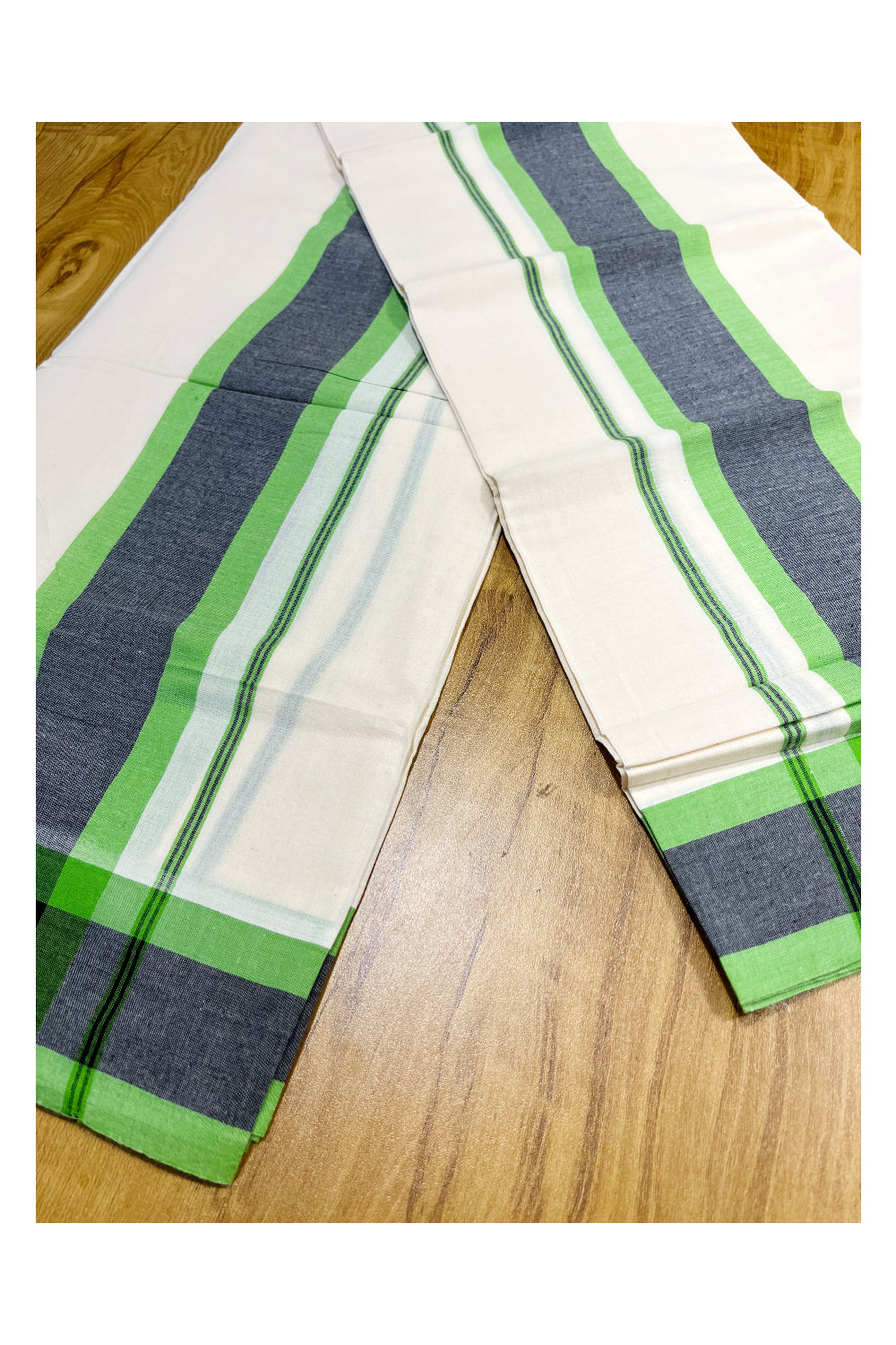 Pure Cotton Mundum Neriyathum Double (Set Mundu) with Green and Black Border