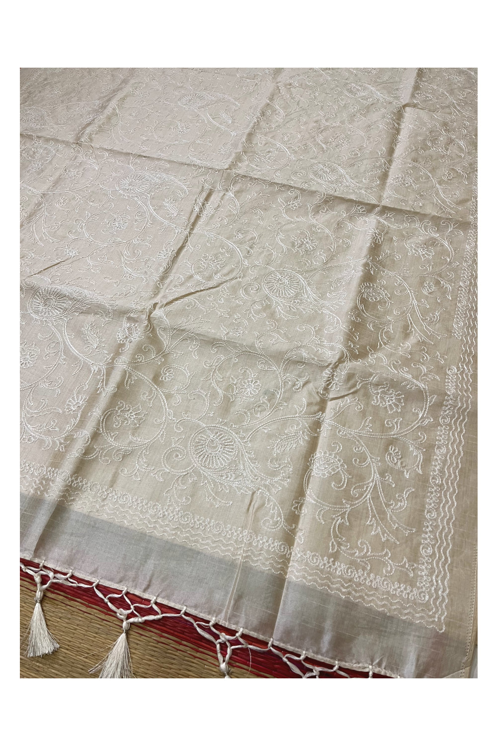 Southloom Semi Tussar Light Brown Designer Thread Work Saree