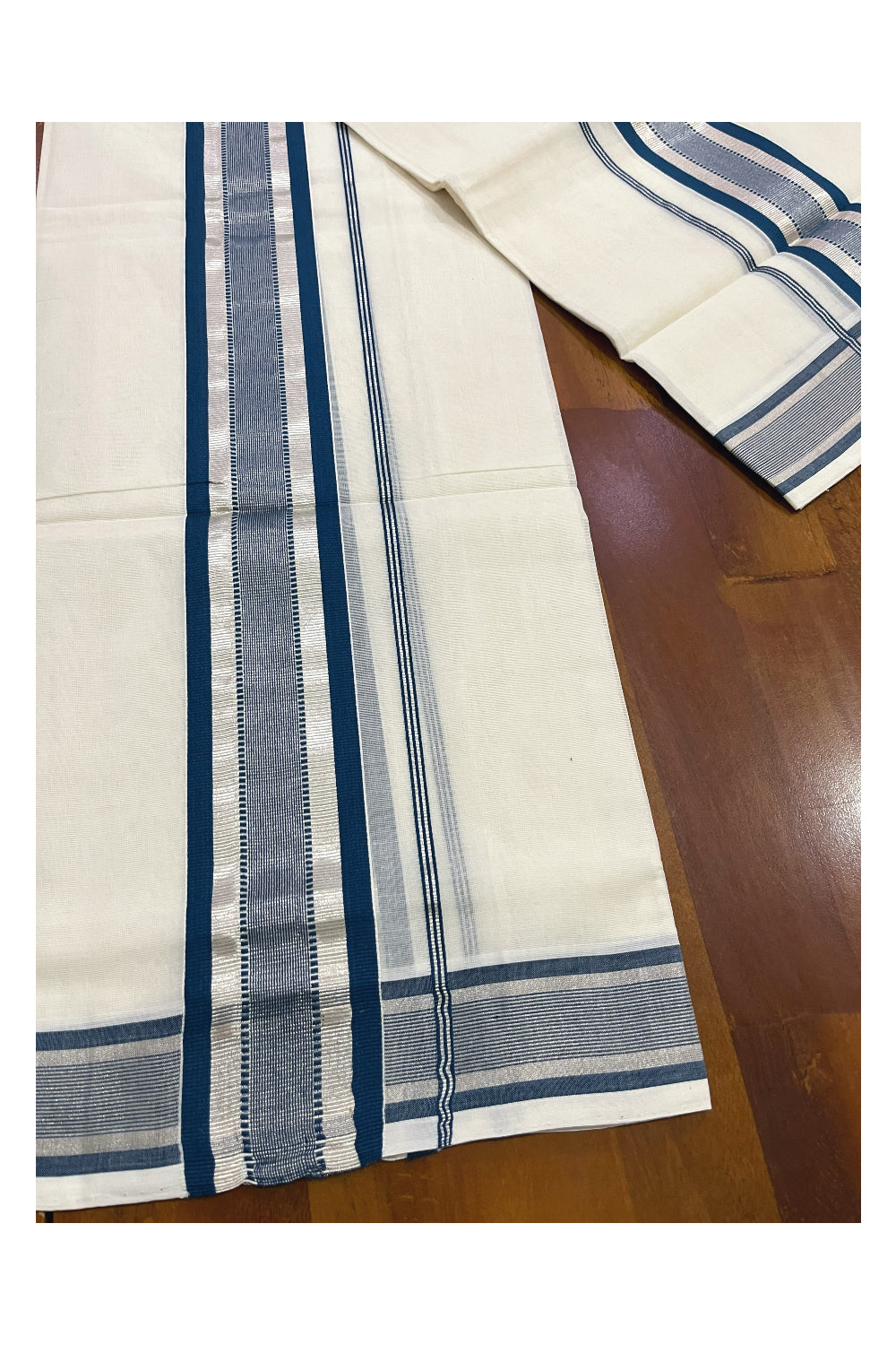 Pure Cotton Handloom Premium Kasavu Set Mundu (Mundum Neriyathum) with Blue and Silver Kasavu Border (Onam Set Mundu 2023)