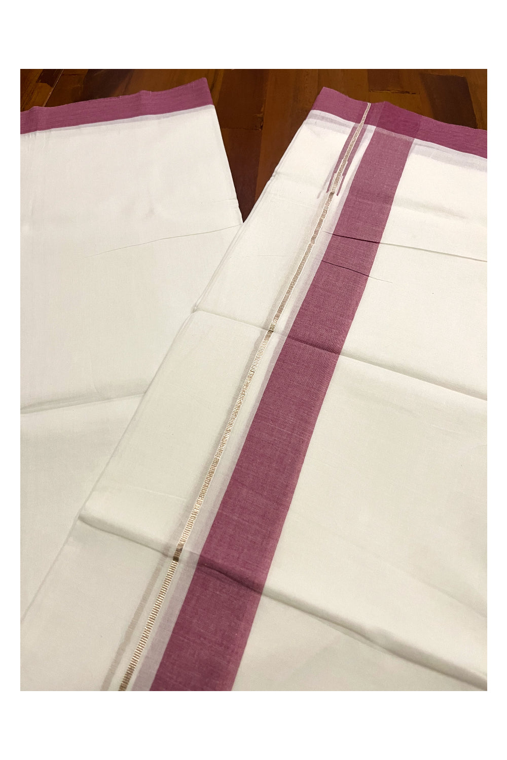 Pure White Cotton Double Mundu with Silver Kasavu and Red Chutti Border (South Indian Kerala Dhoti)