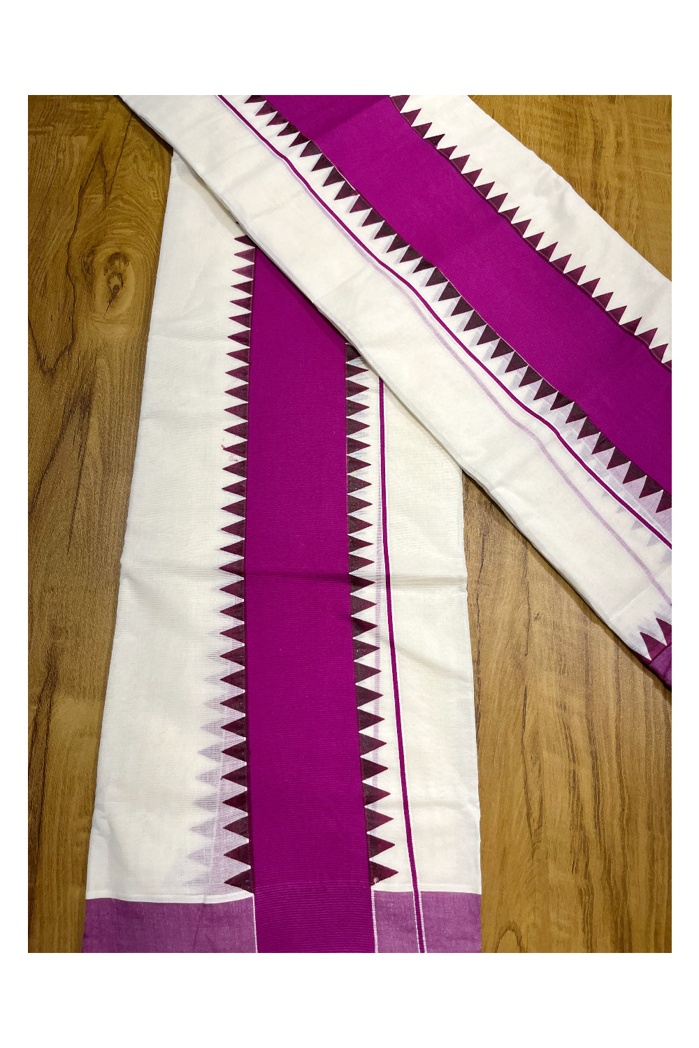 Kerala Pure Cotton Set Mundu Single (Mundum Neriyathum) with Bright Magenta Temple Border 2.80 Mtrs