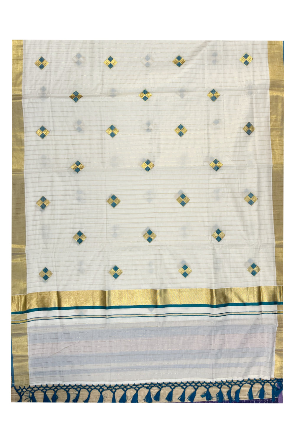 Kerala Cotton Kasavu Lines Saree with Peacock Green and Golden Diagonal Embroidery Work