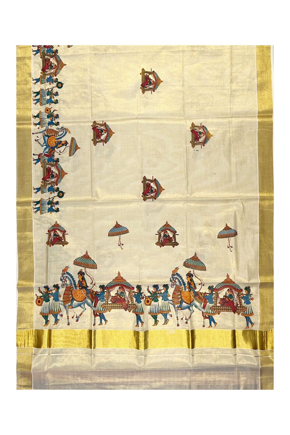 Kerala Tissue Kasavu Saree with Palanquin Block Printed Designs