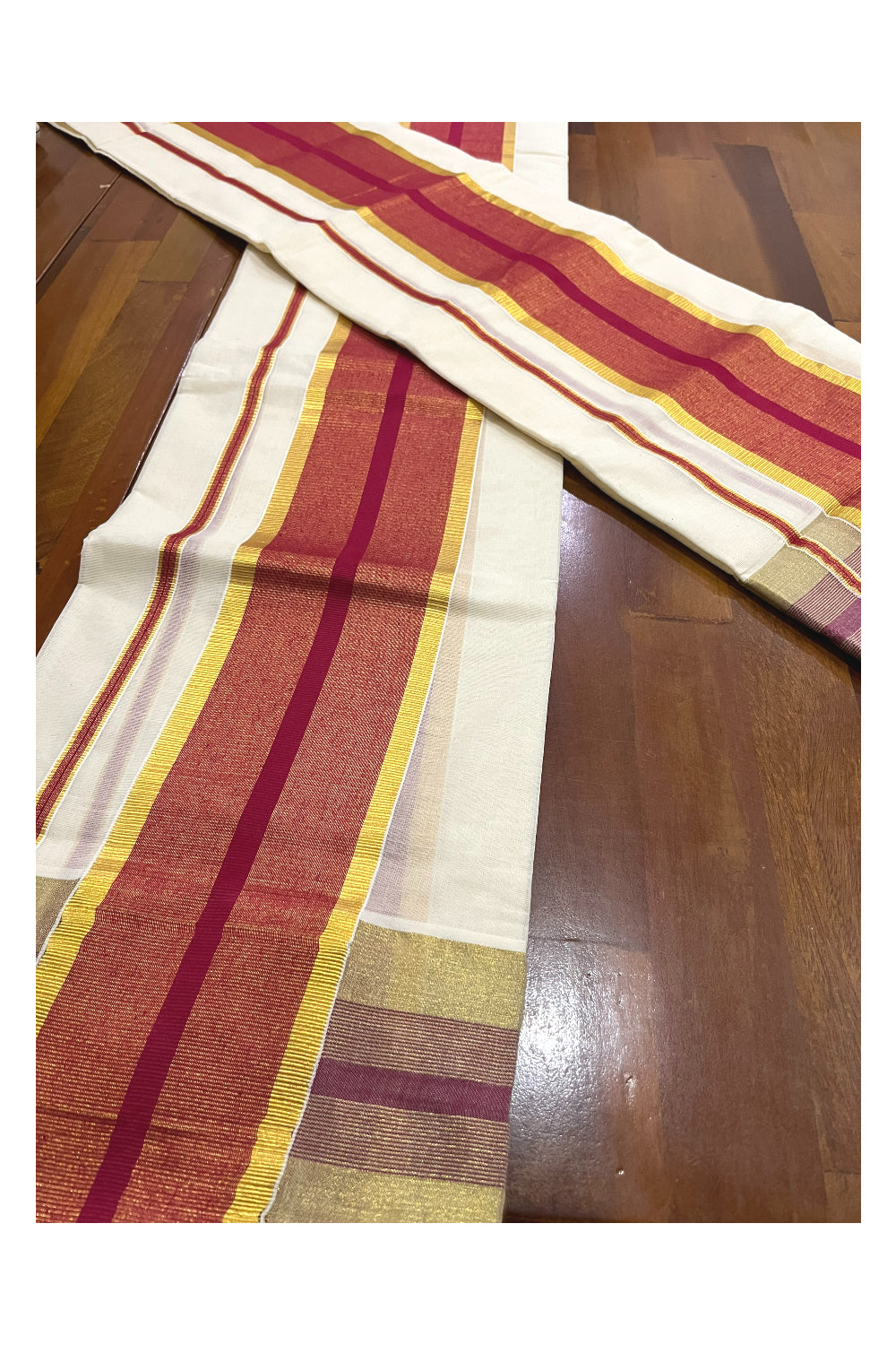 Pure Cotton Kerala Onam 2023 Set Mundu (Mundum Neriyathum) Single with Maroon and Kasavu Border 2.80 Mtrs