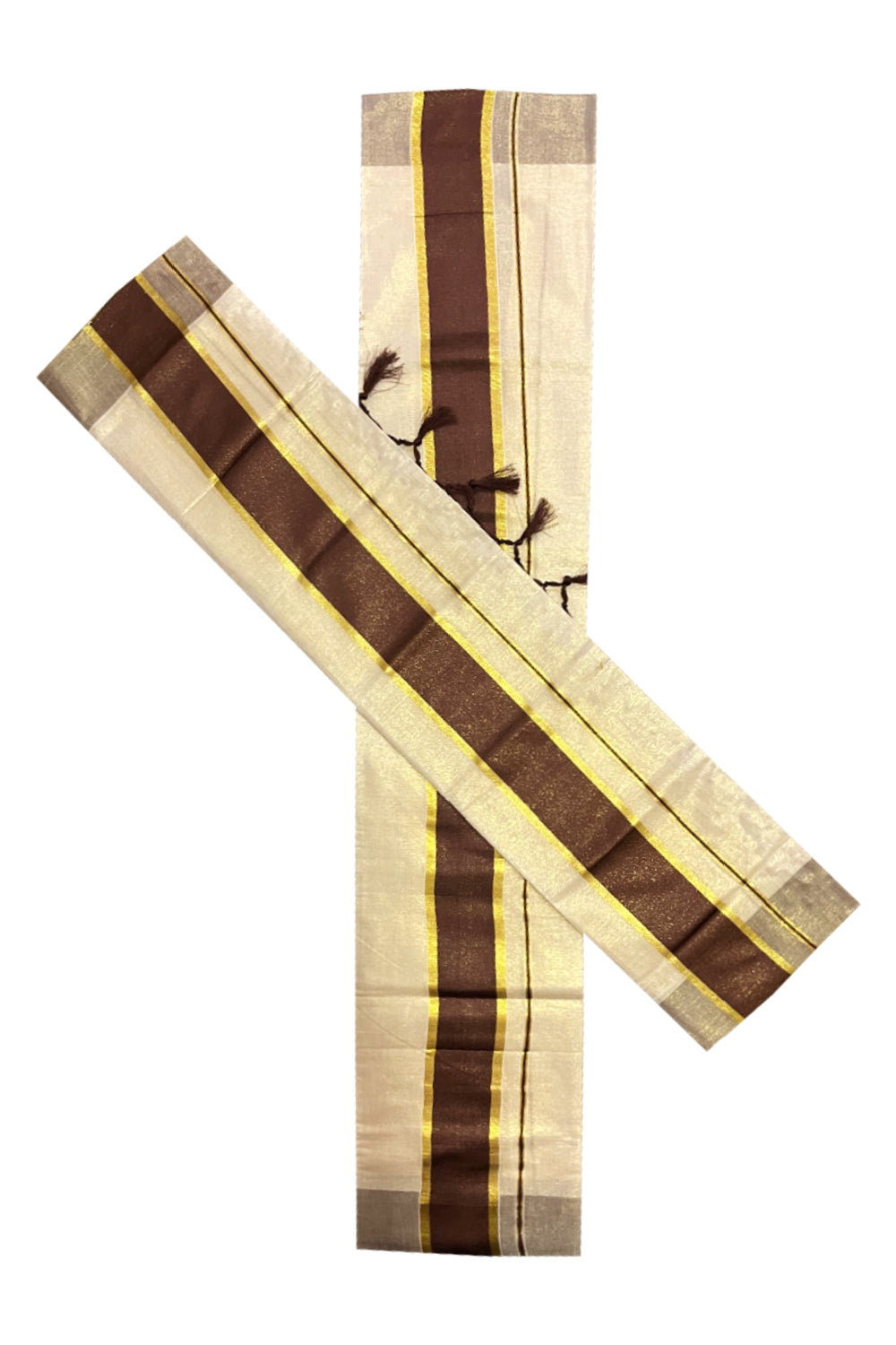 Kerala Tissue Kasavu Set Mundu (Mundum Neriyathum) with Brown Border Tassels on Pallu 2.80 Mtrs