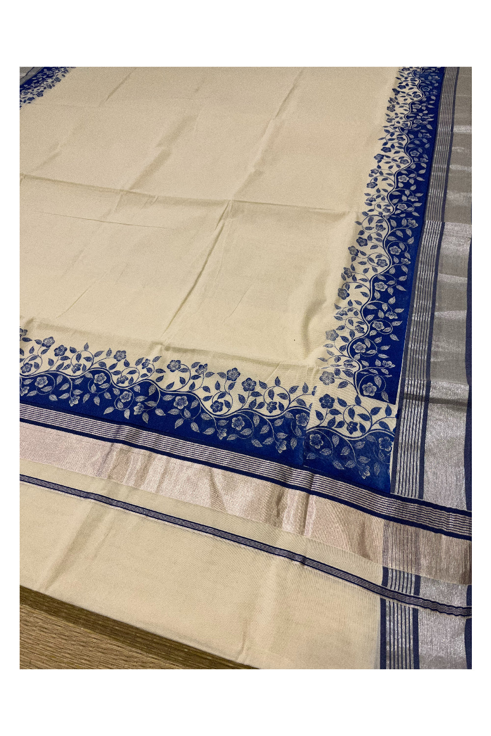 Kerala Cotton Saree with Blue Floral Block Prints and Silver Kasavu Border (Onam Saree 2023)