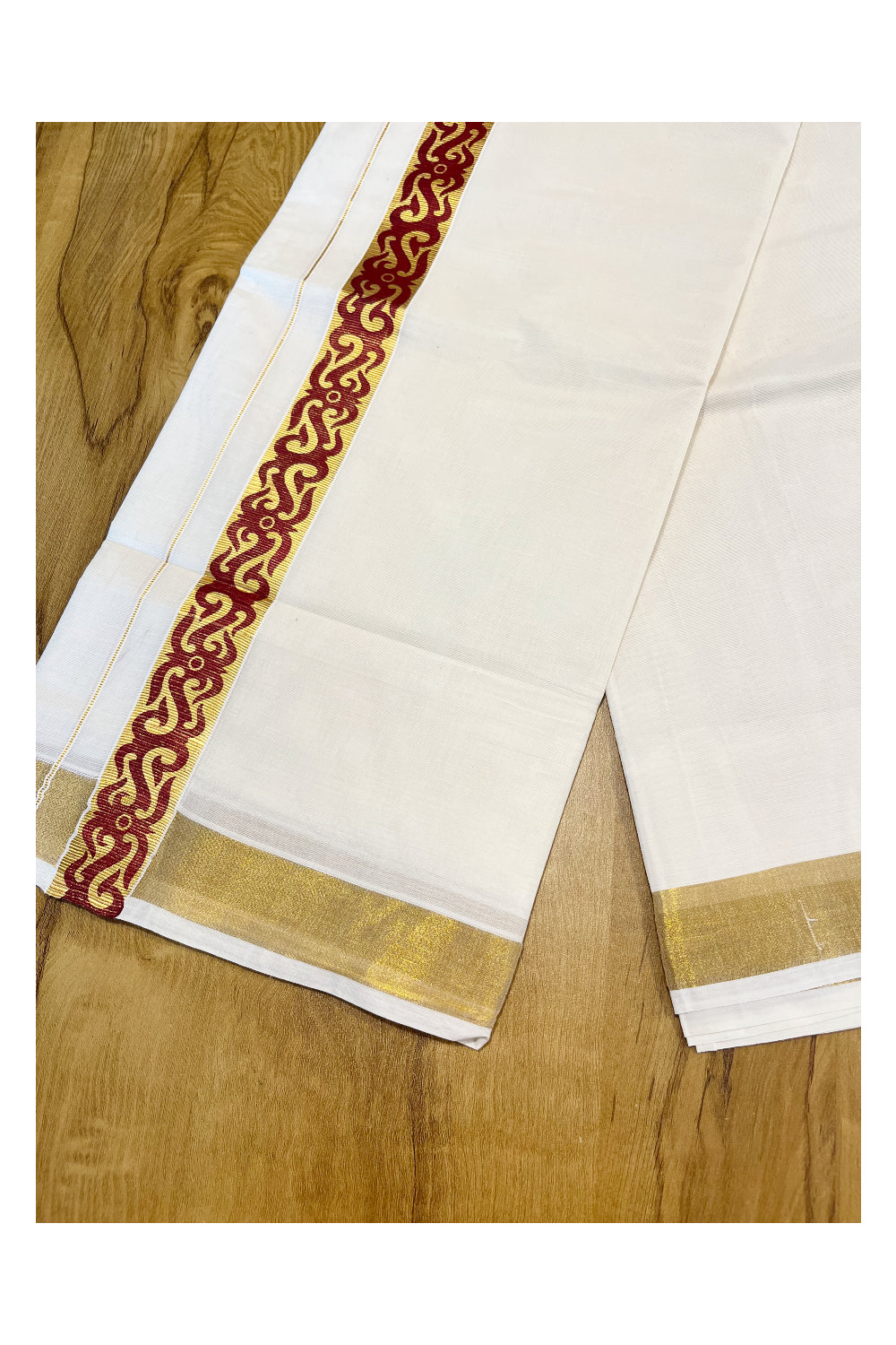 Southloom Kasavu Double Mundu with Maroon Tribal / Retro Design Print on Kasavu Kara