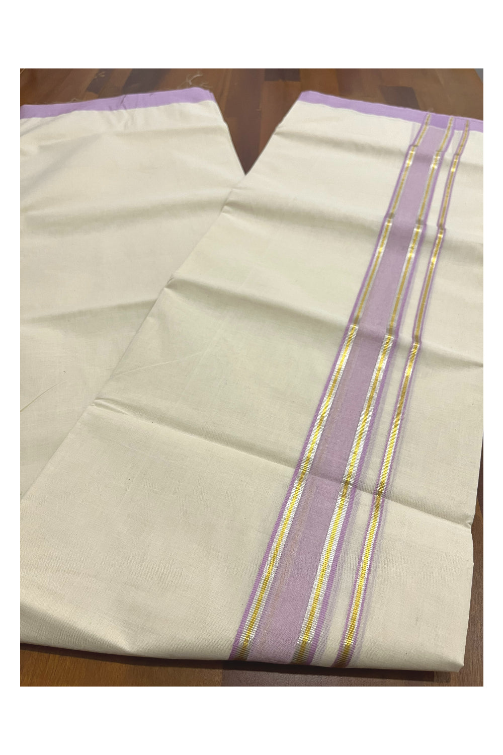 Pure Cotton 100x100 Double Mundu with Silver Golden Kasavu and Lavender Kara (Onam Mundu 2023)