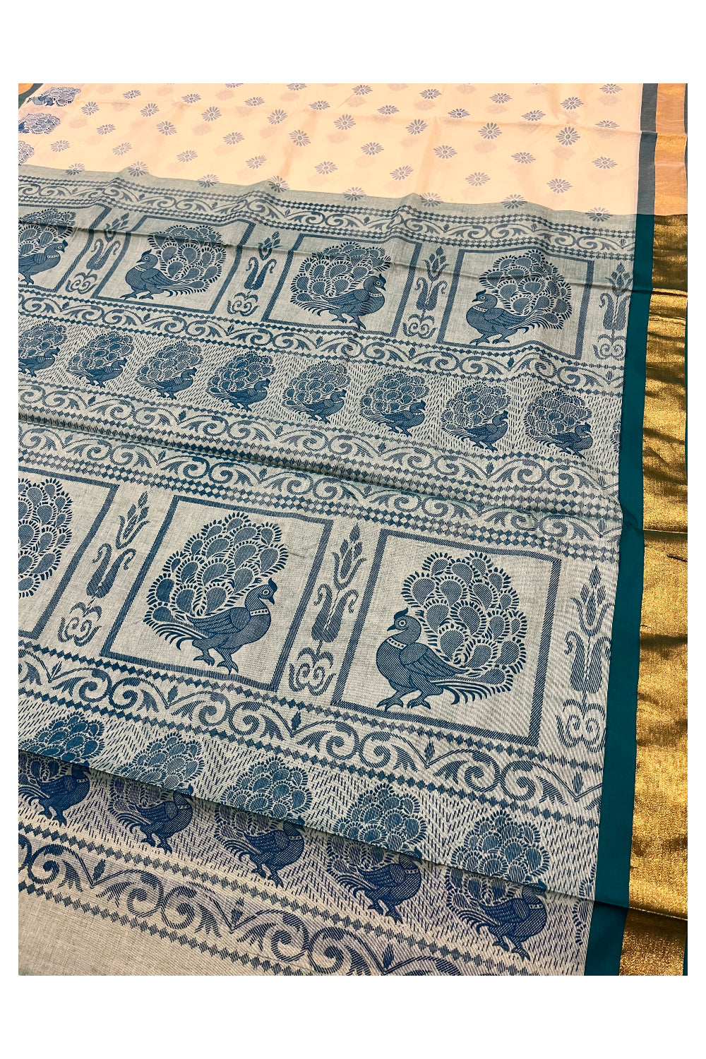 Pure Cotton Kerala Saree with Teal Blue Block Printns and Kasavu Border (Vishu 2024 Collection)