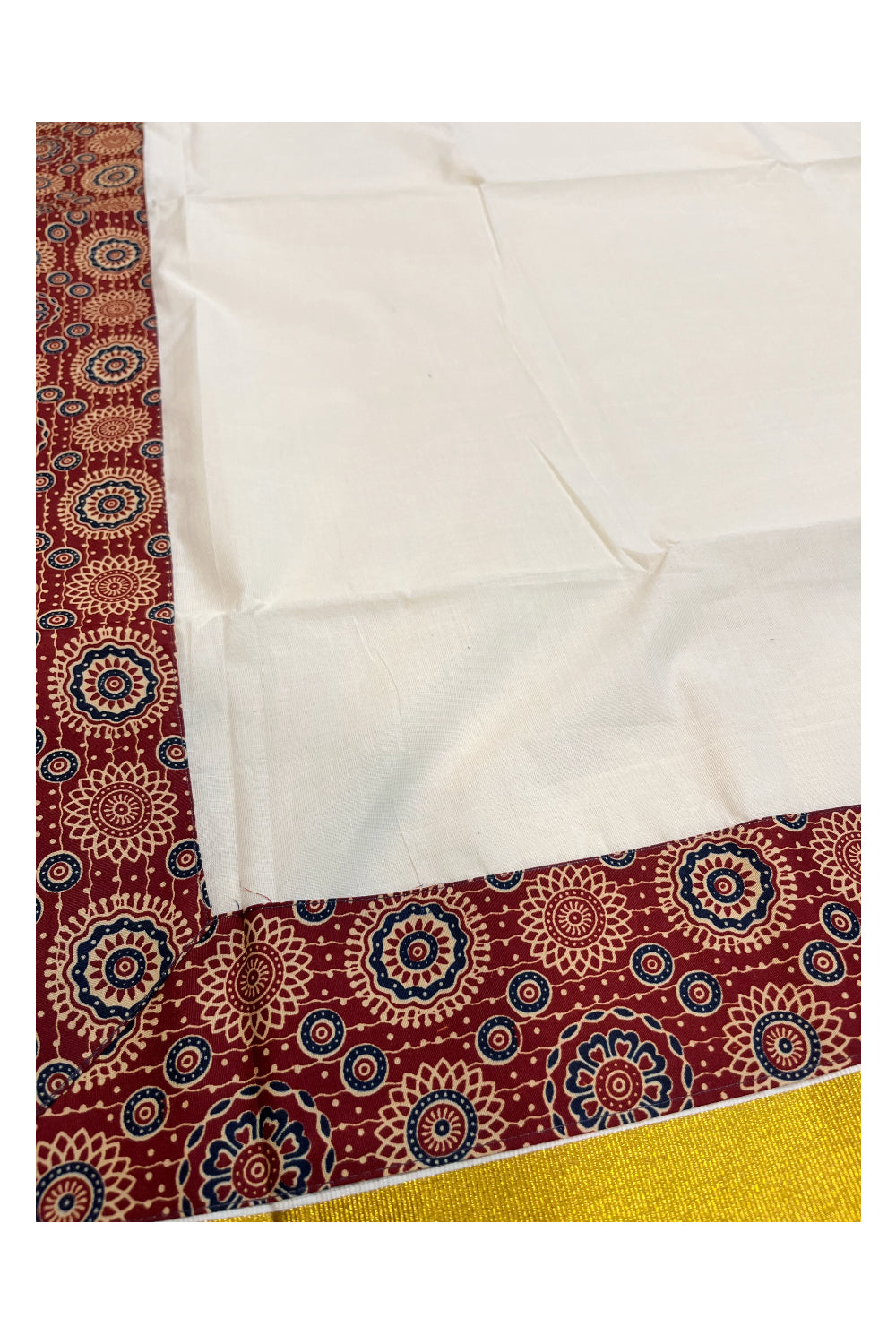 Kerala Pure Cotton Kasavu Saree with Ajrakh Stitched Borders and Matching Blouse Piece