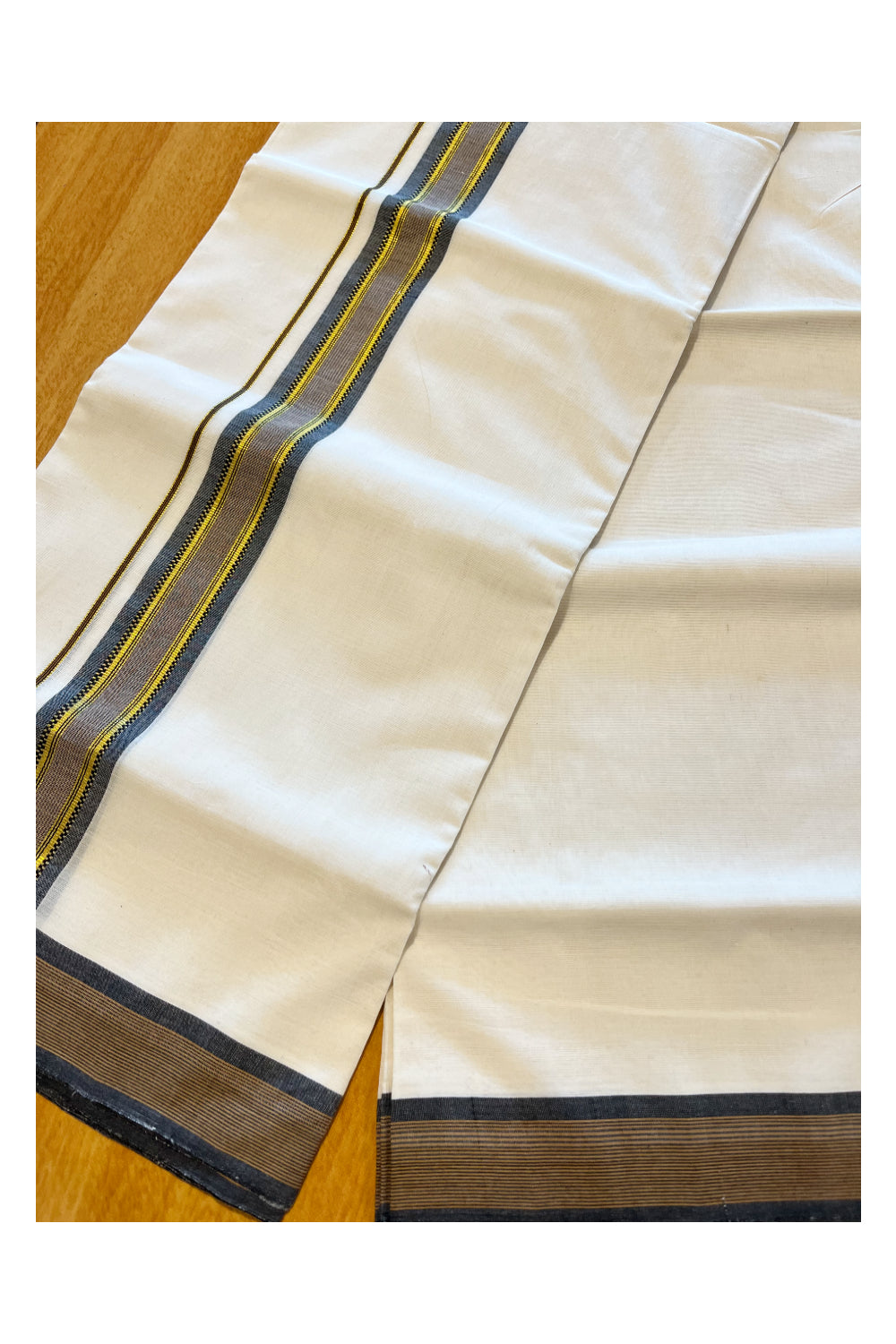 Southloom Premium Handloom Cotton Double Mundu with Kasavu and Black Brown Lines Border