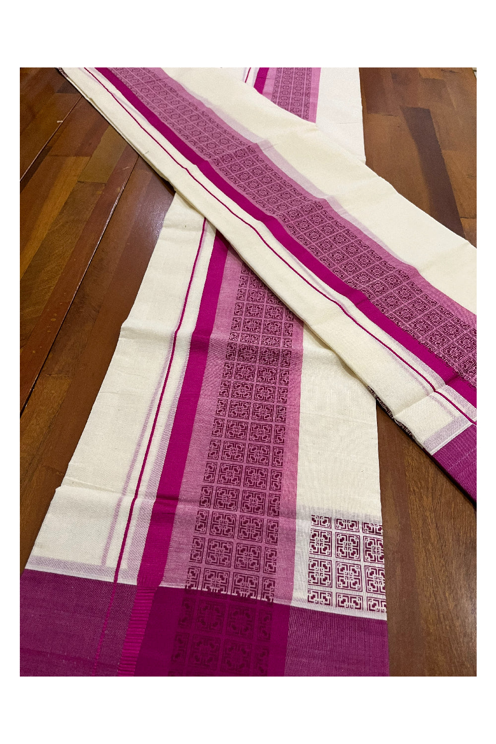 Southloom Pure Cotton Kerala Single Set Mundu with Magenta Block Prints (Onam Set Mundu 2023)