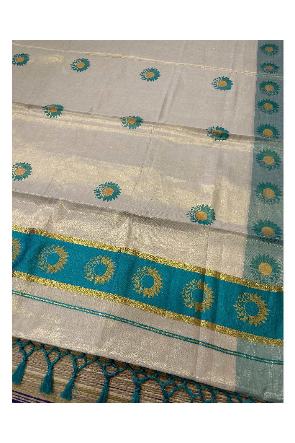 Kerala Tissue Kasavu Saree with Turquoise and Golden Block Prints on Border (Onam Saree 2023)