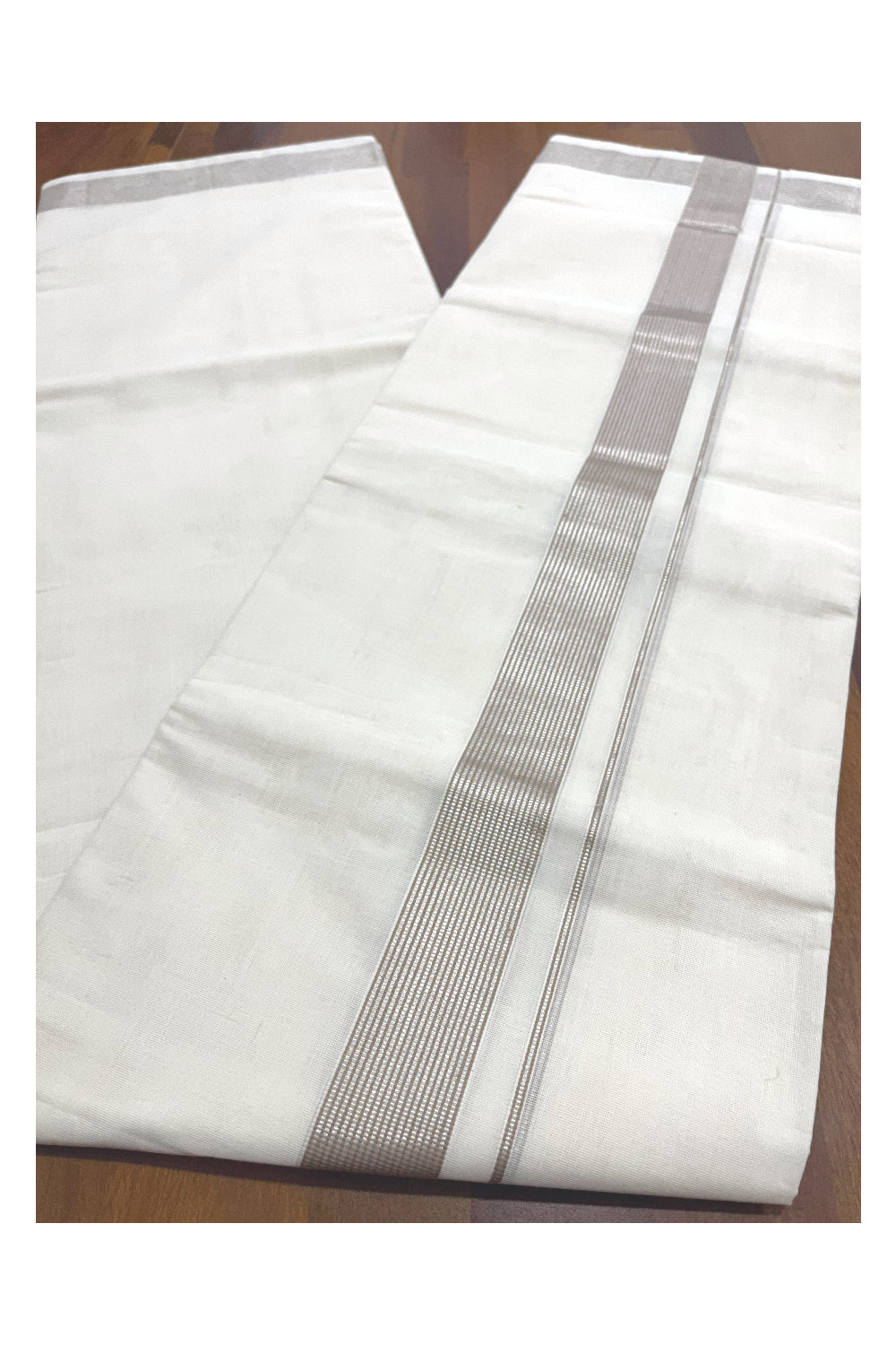 Southloom Premium Handloom Cotton Double Mundu with Silver Kasavu and Beige Lines Border (Onam Mundu 2023)