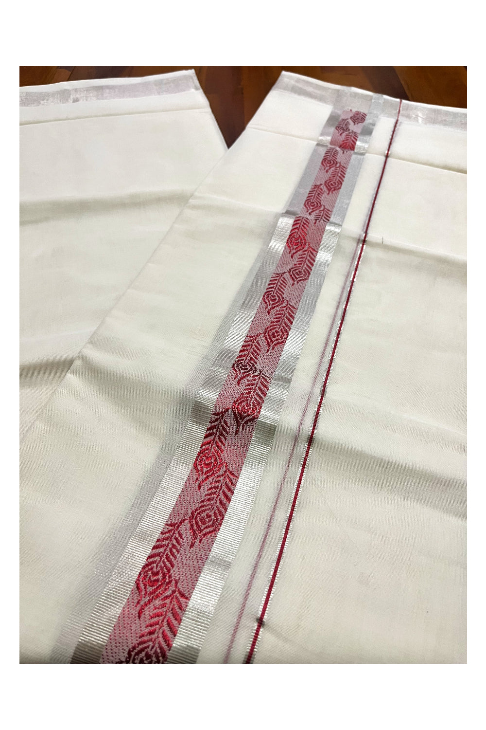 Southloom Premium Wedding Handloom Cotton Mundu with Maroon and Silver Kasavu Woven Border (South Indian Kerala Dhoti)