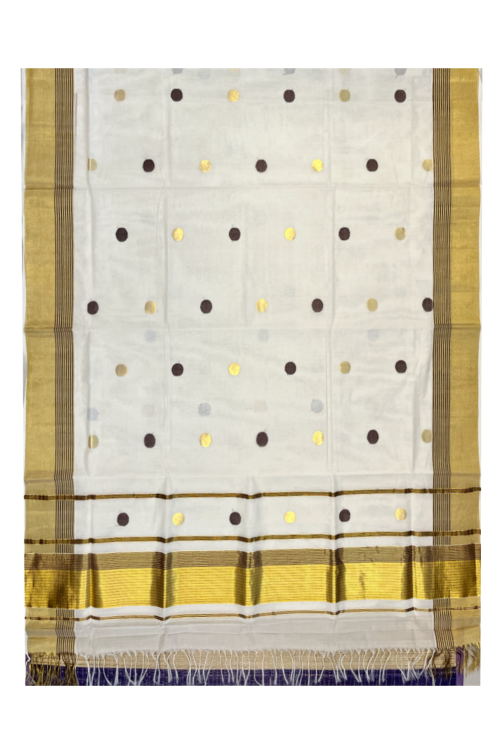 Southloom Premium Handloom Cotton Kasavu Saree with Golden and Brown Polka Design