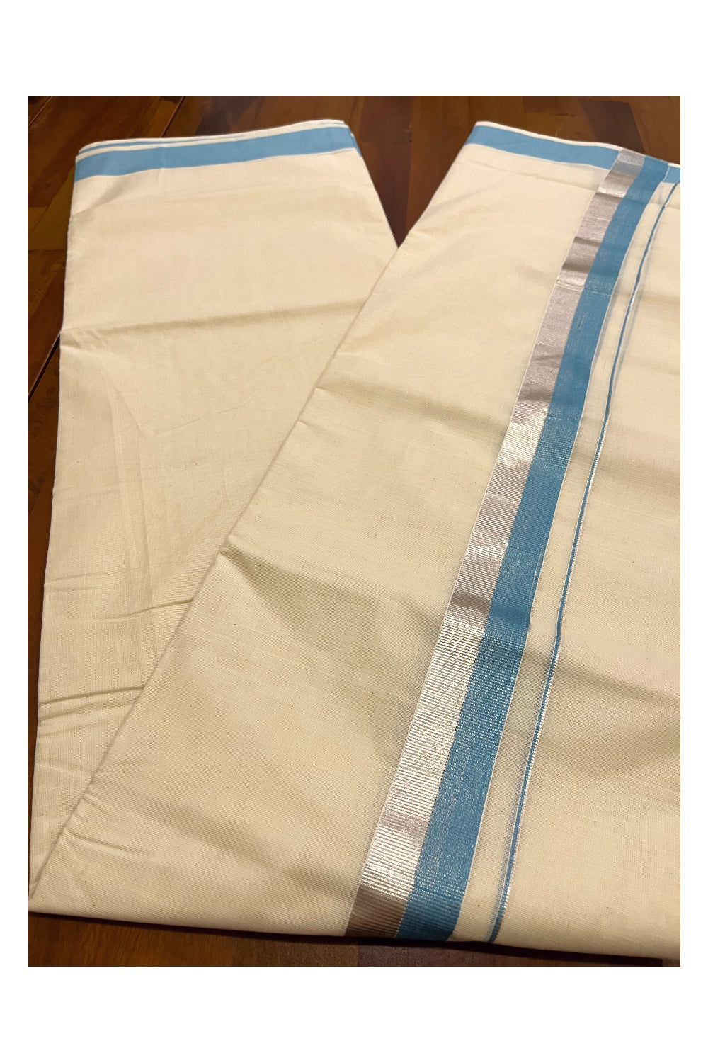 Kerala Cotton Double Mundu with Light Blue and Silver Kasavu Border (Onam Mundu 2023)