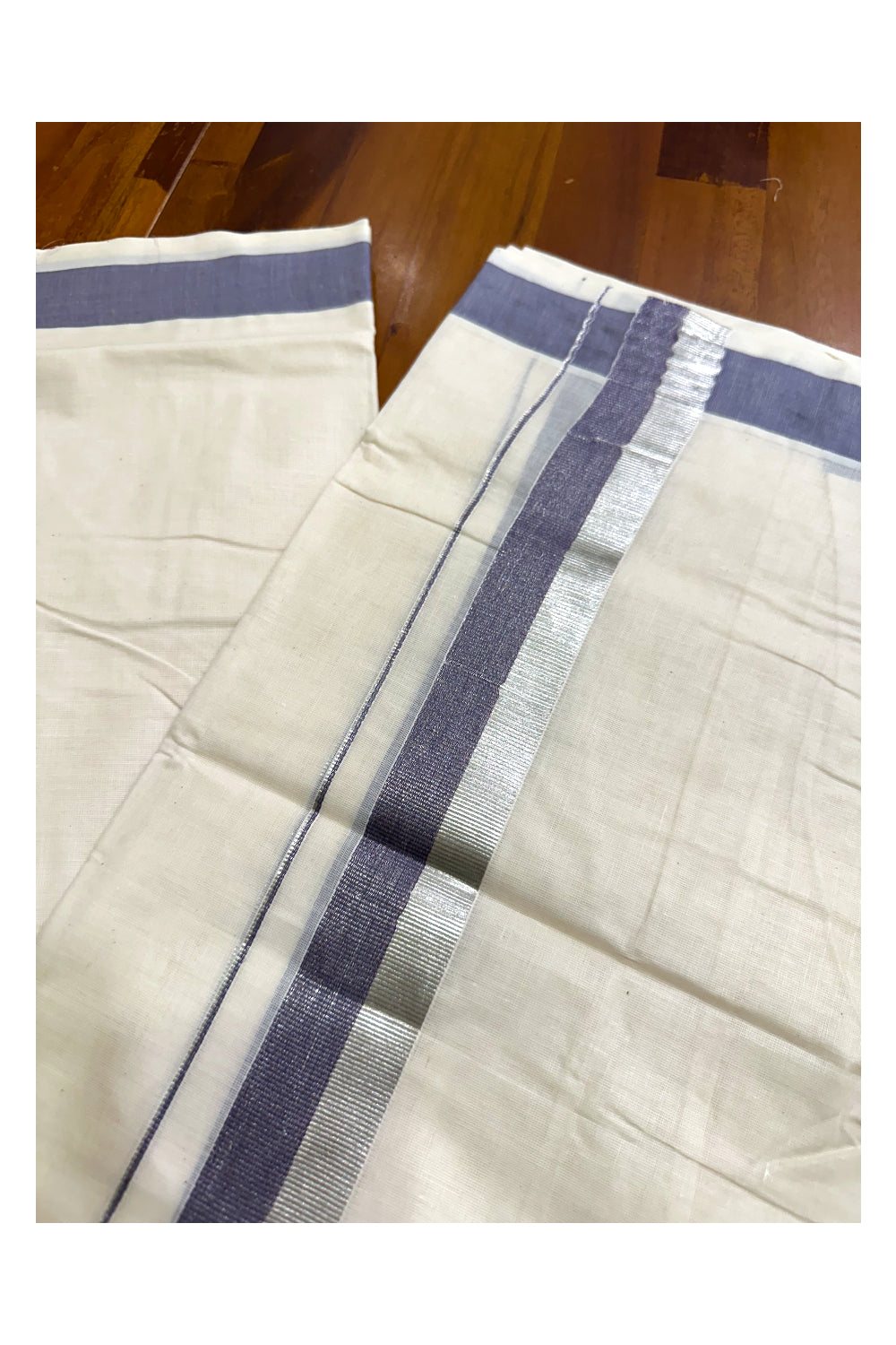 Kerala Pure Cotton Off White Double Mundu with Silver Kasavu And Blue Kara (South Indian Kerala Dhoti)