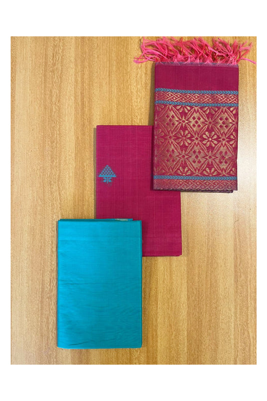 Southloom™ Original Handloom Cotton Pure Silk 3 Piece Green and Pink Salwar Material with Woven Zari Butta Work