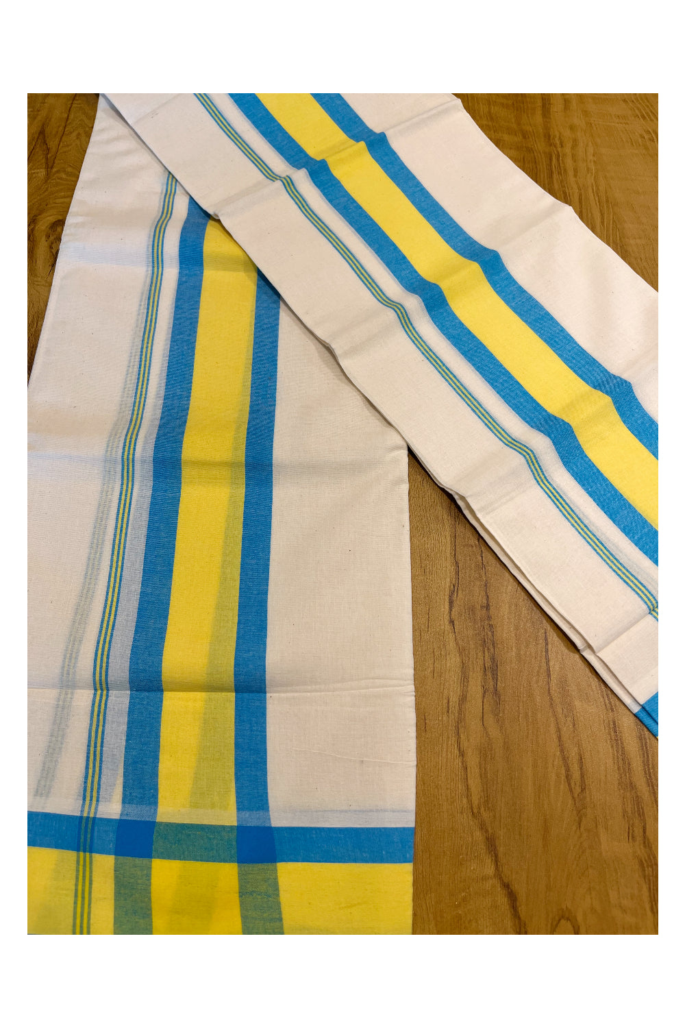 Pure Cotton Mundum Neriyathum Double (Set Mundu) with Blue And Yellow Border