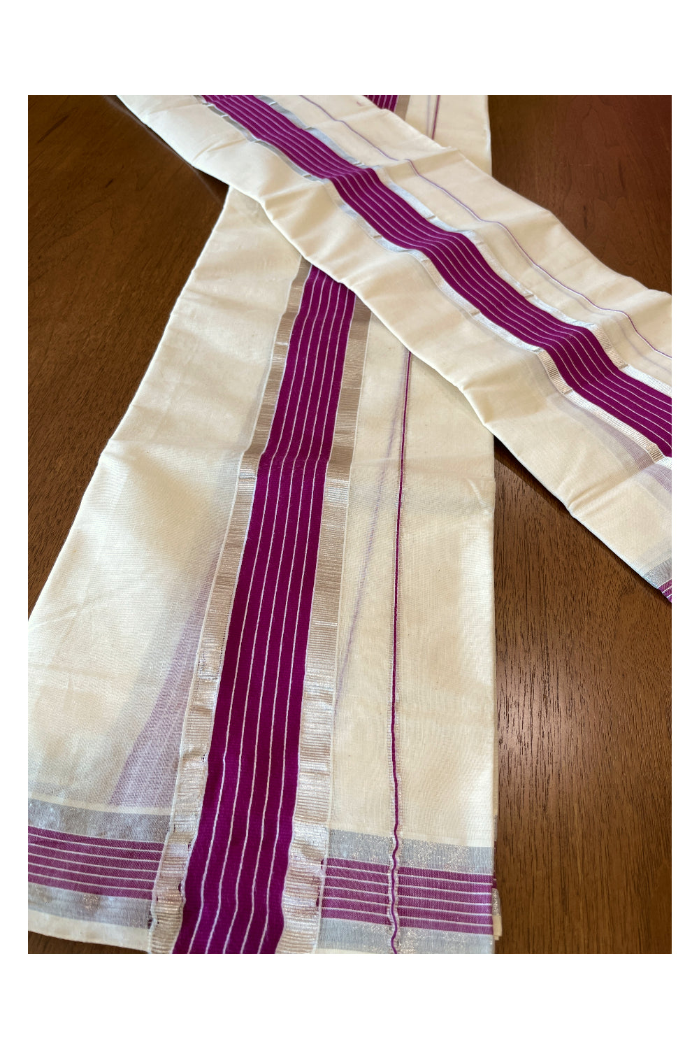 Cotton Mundum Neriyathum Double (Set Mundu) with Magenta and Silver Kasavu Border