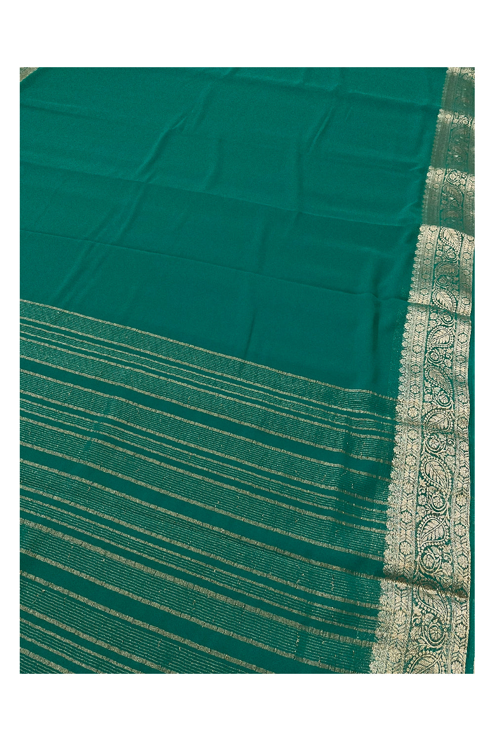 Southloom Crepe Zari Design Border Green Saree and Red Blouse piece