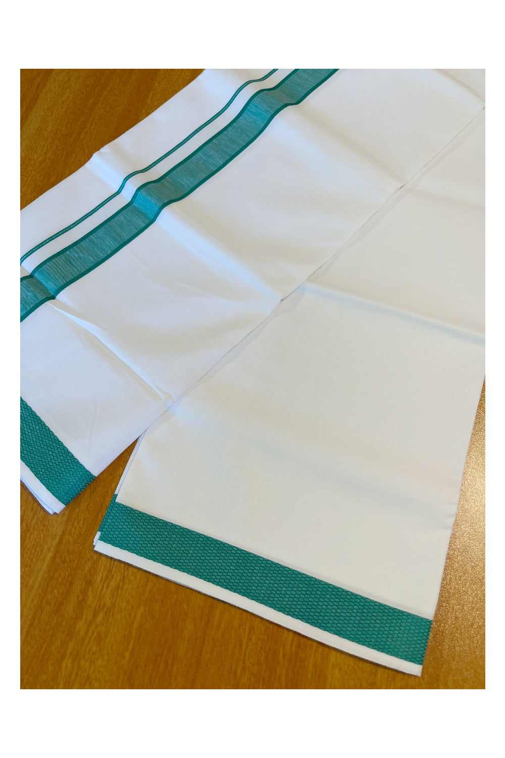 Pure White Cotton Single Mundu with Green Border (South Indian Dhoti)