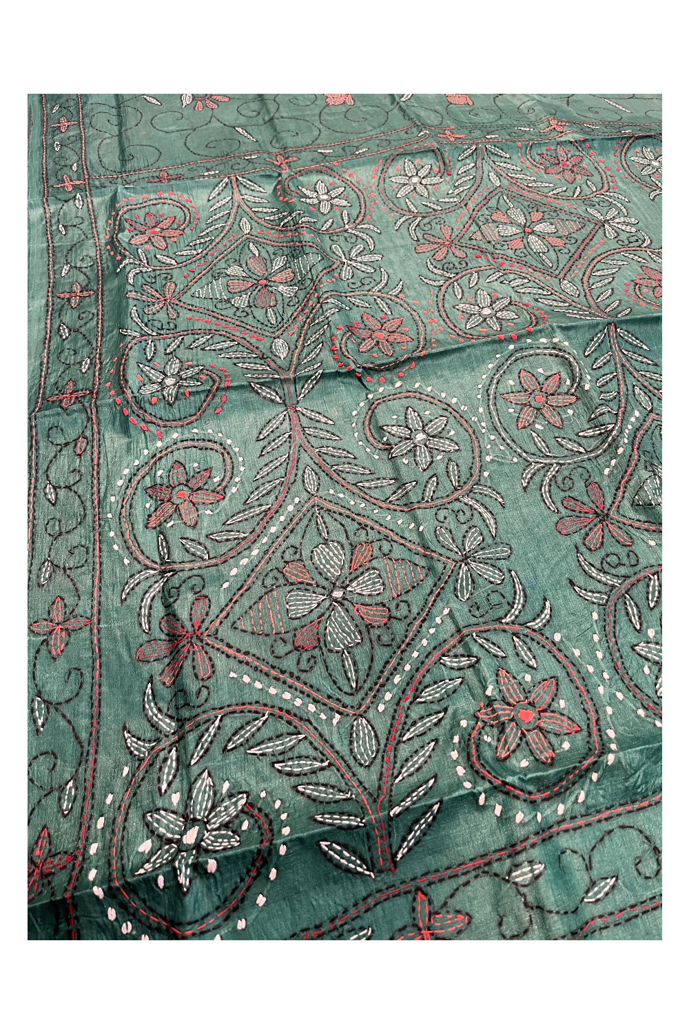 Southloom Kantha Thread Work Designer Green Saree