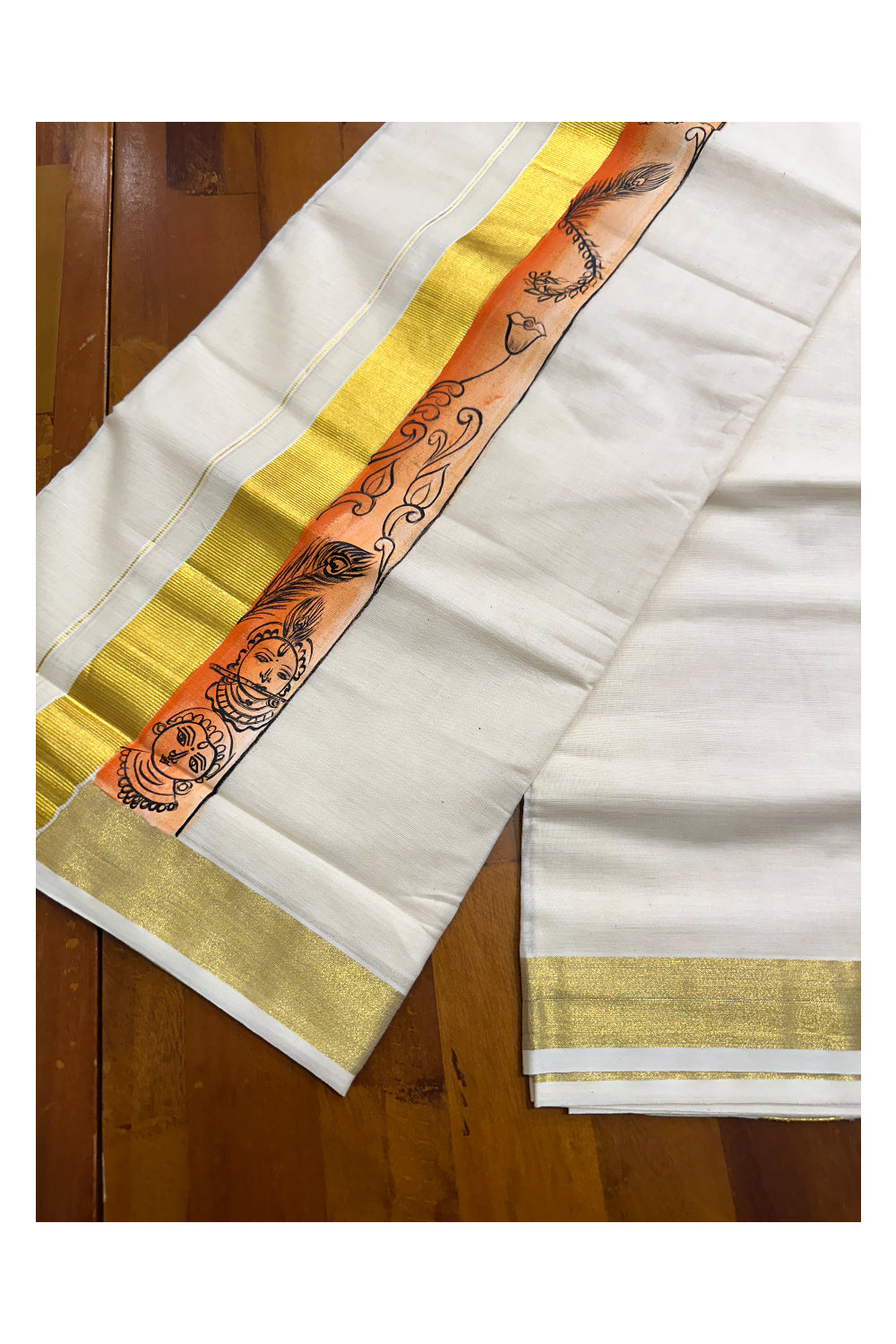 Kerala Pure Cotton Double Mundu with Hand Painted Designs on Kasavu Border(South Indian Kerala Dhoti)