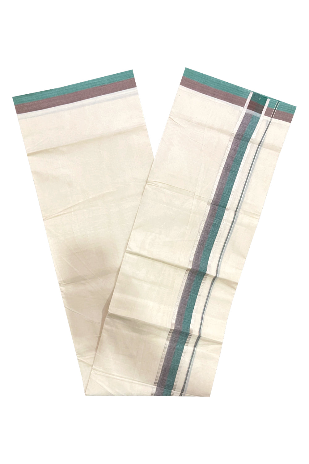 Kerala Pure Cotton Double Mundu with Green Brown and Silver Kasavu Border (South Indian Kerala Dhoti)