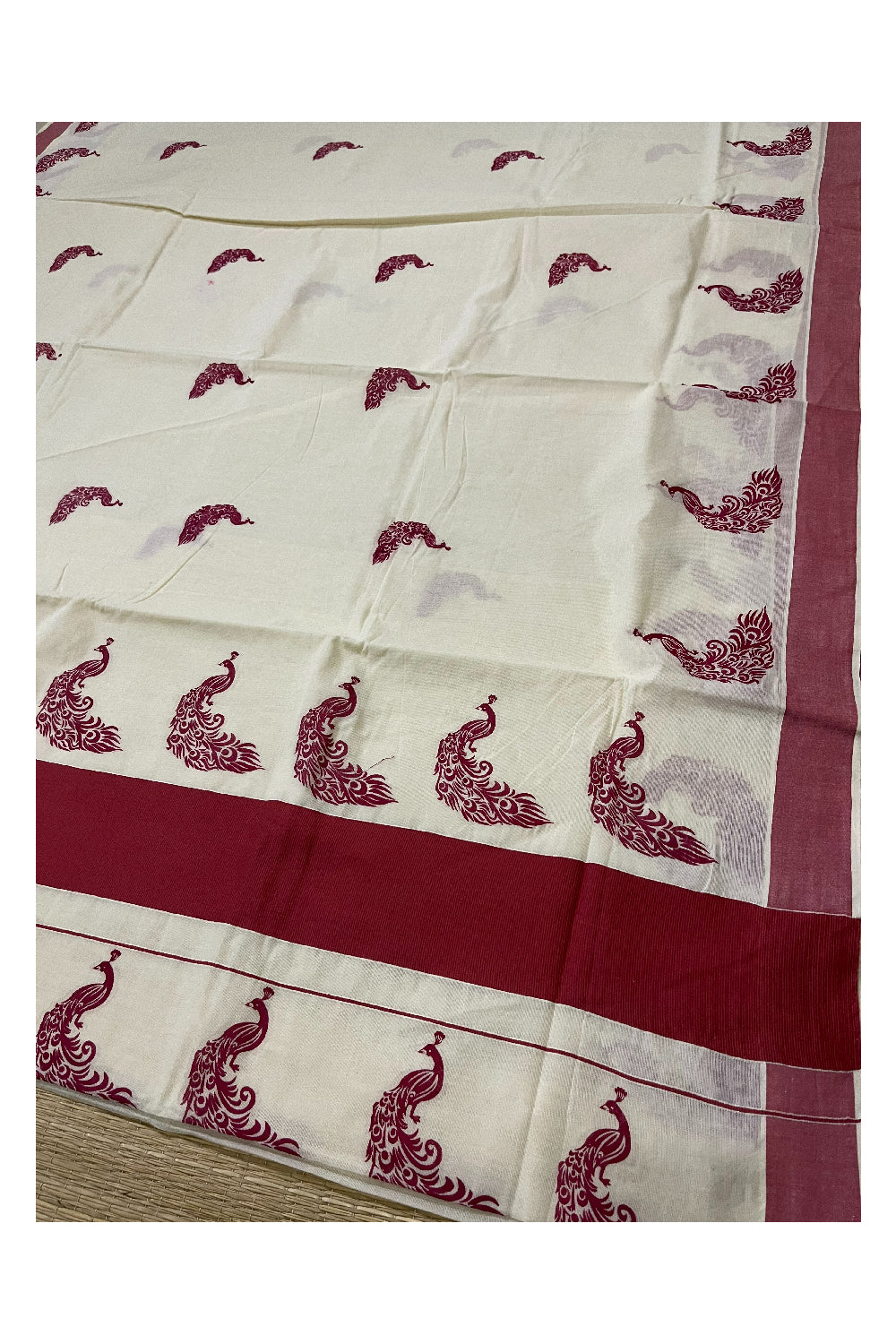 Pure Cotton Kerala Saree with Brick Red Peacock Block Printed Border (Onam Saree 2023)