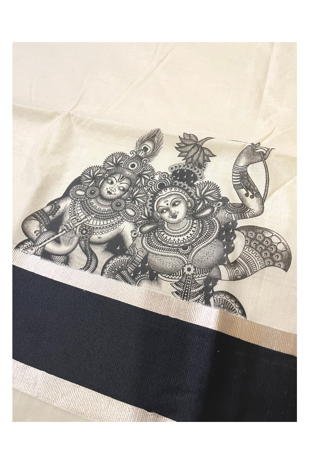 Pure Cotton Kerala Silver Kasavu Saree with Krishna Radha Mural Prints and Black Border (Onam Saree 2023)