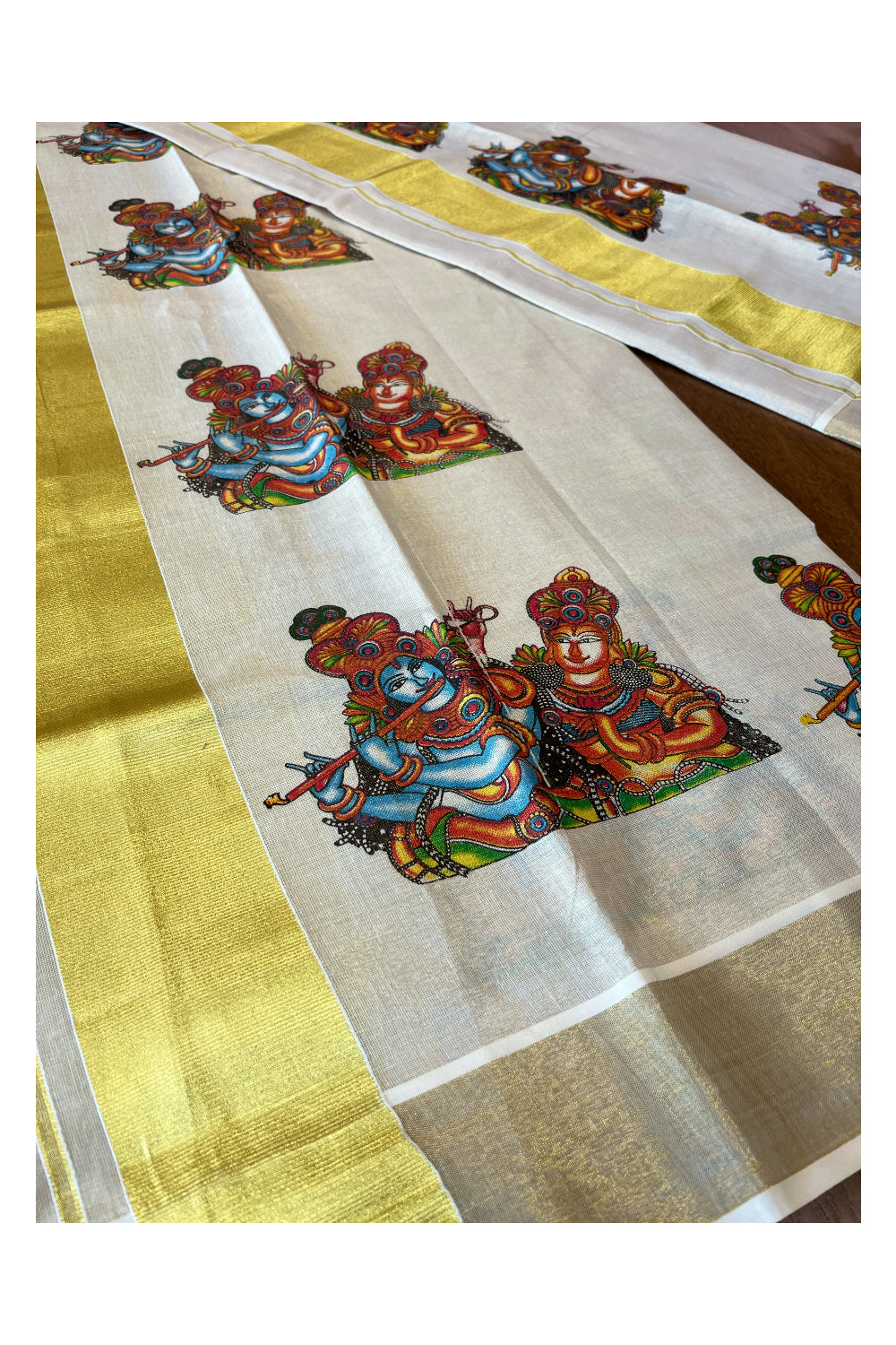 Kerala Tissue Kasavu Set Mundu (Mundum Neriyathum) with Krishna Radha Mural Printed Design