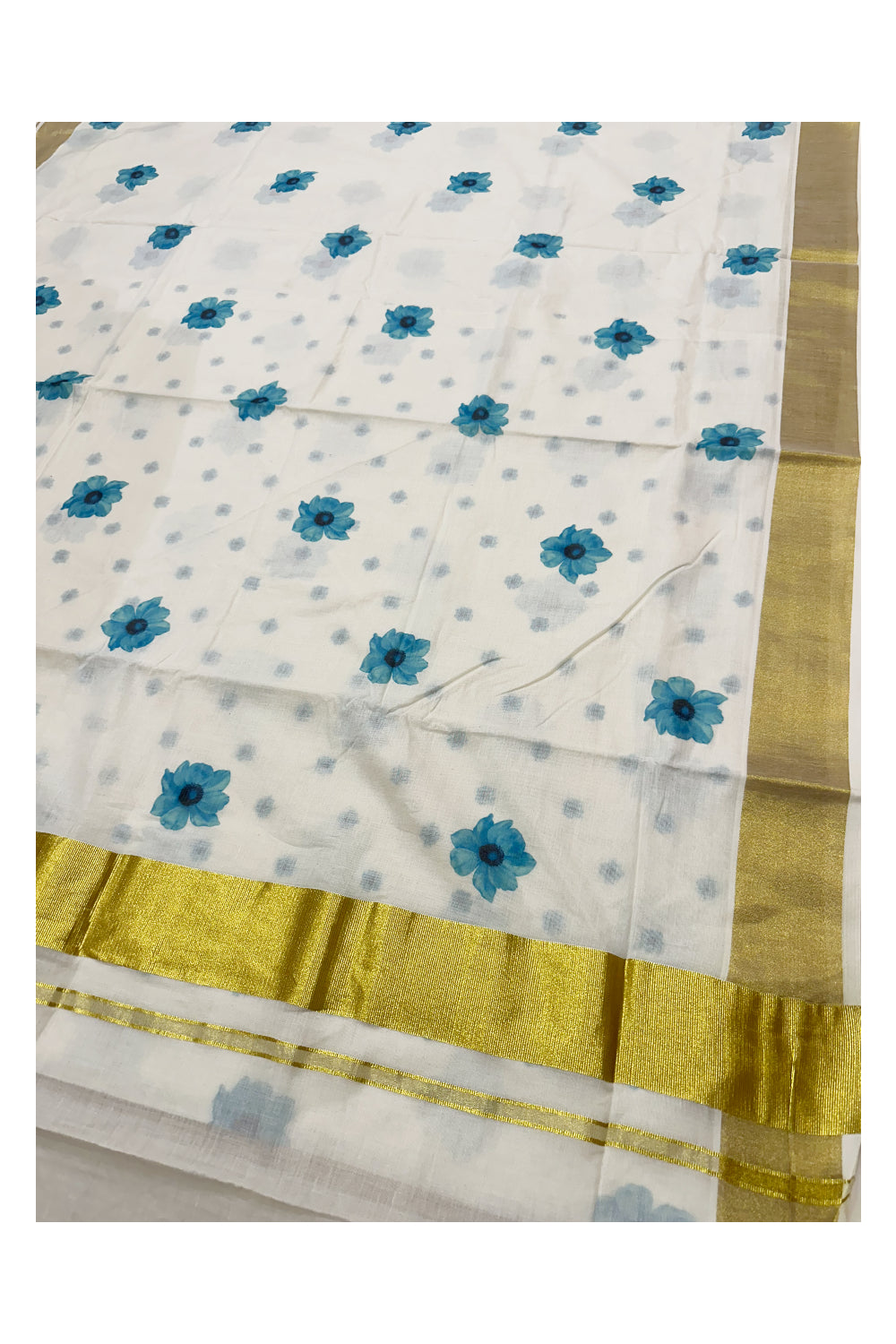 Southloom Exclusive Onam Kasavu Saree with Small Blue Floral High Quality Digital Print Across Body (Matching Printed Blouse Included)