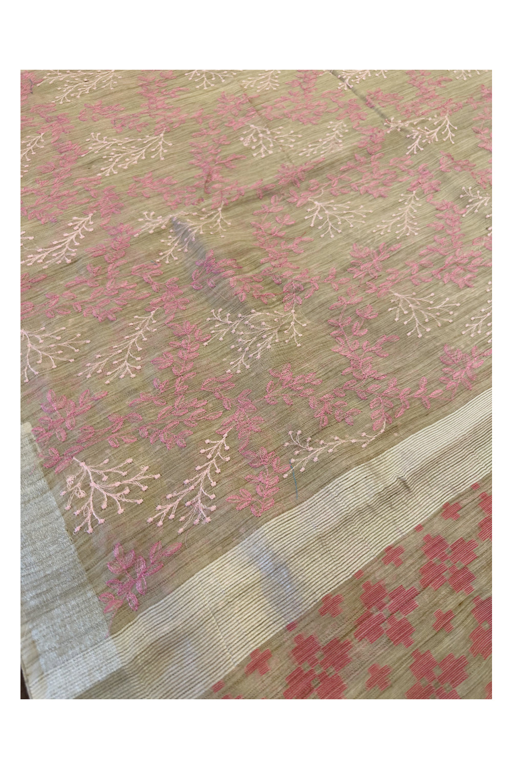 Southloom Cotton Brown and Pink Designer Thread Work Saree