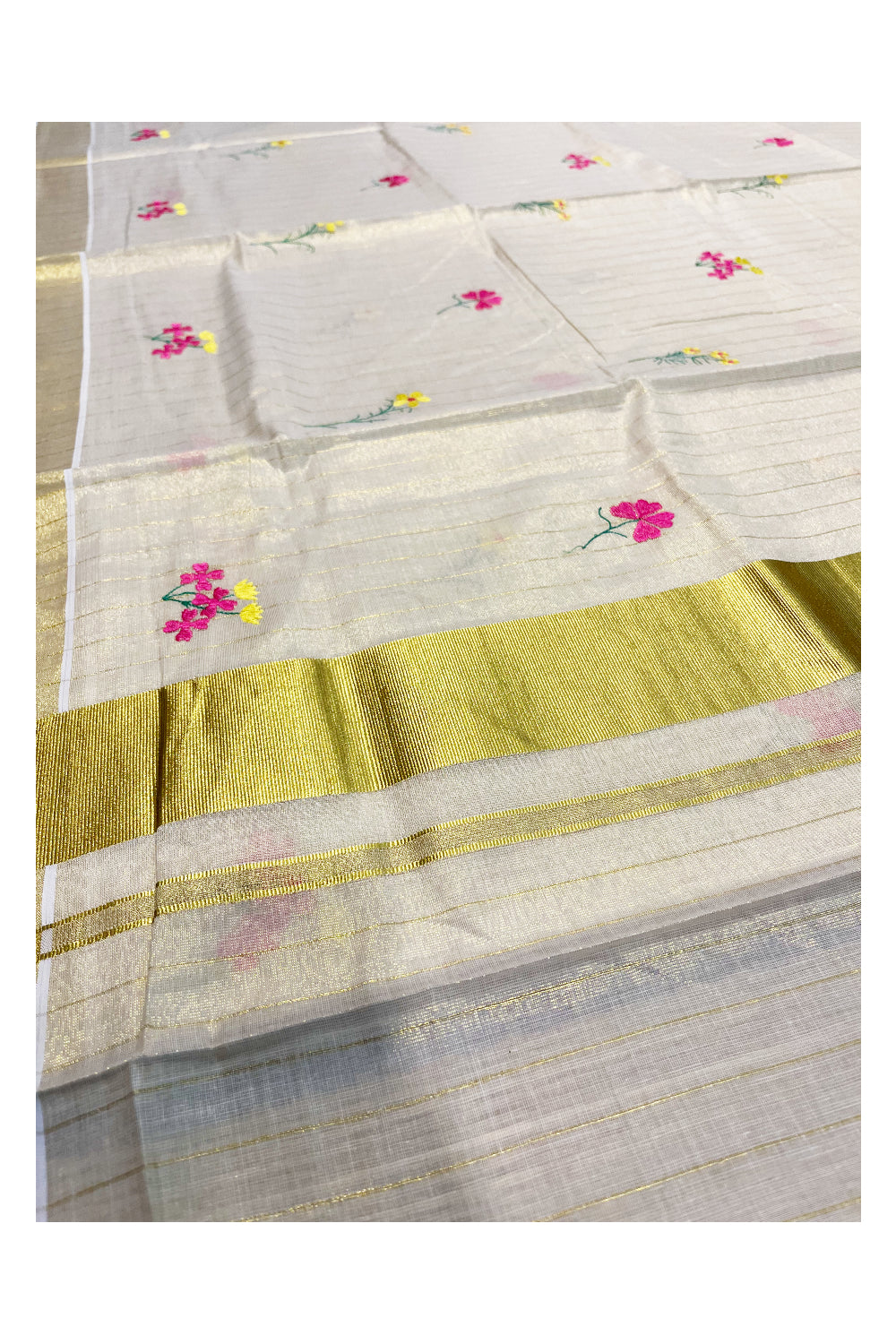 Kerala Tissue Kasavu Lines Saree with Pink Flower Floral Embroidery Works