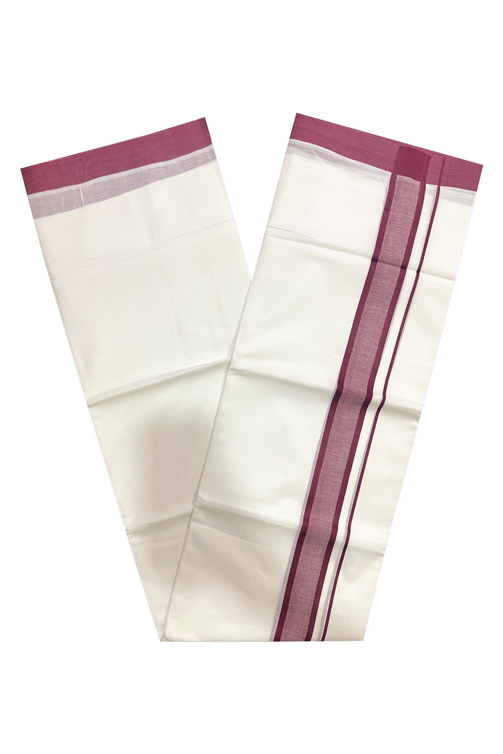 Pure White Cotton Double Mundu with Maroon Border (South Indian Kerala Dhoti)