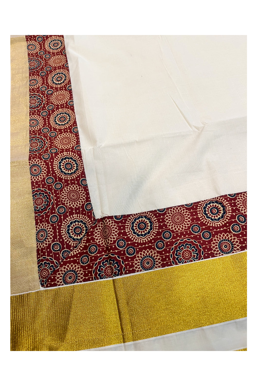 Kerala Pure Cotton Kasavu Saree with Ajrakh Stitched Borders and Matching Blouse Piece