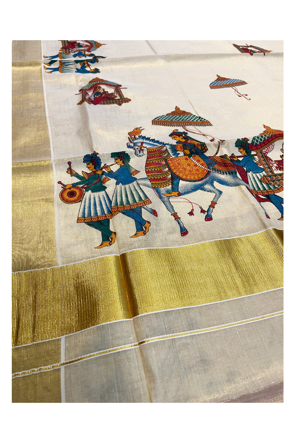 Kerala Tissue Kasavu Saree with Palanquin Block Printed Designs