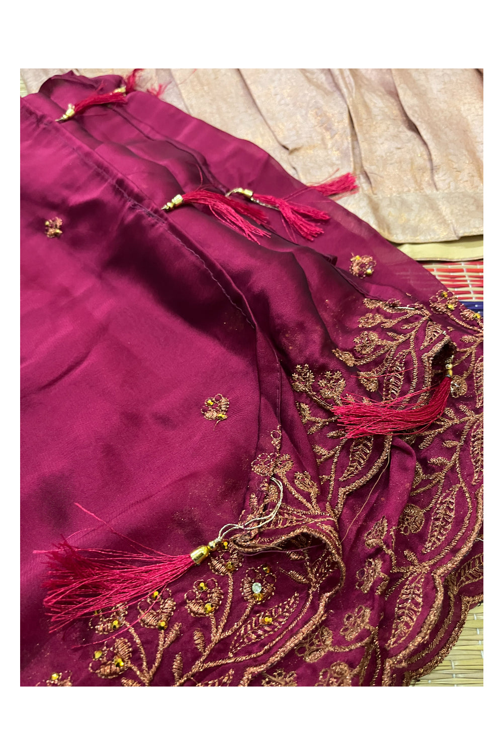 Semi Stitched Premium Semi SIlk Copper Dhavani Set with Maroon Neriyathu and Blouse Piece