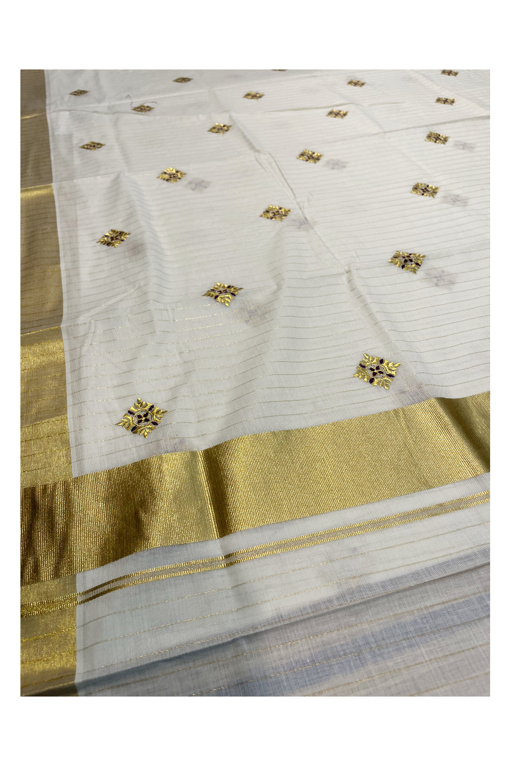 Kerala Cotton Kasavu  Lines Saree with Violet and Golden Embroidery Work