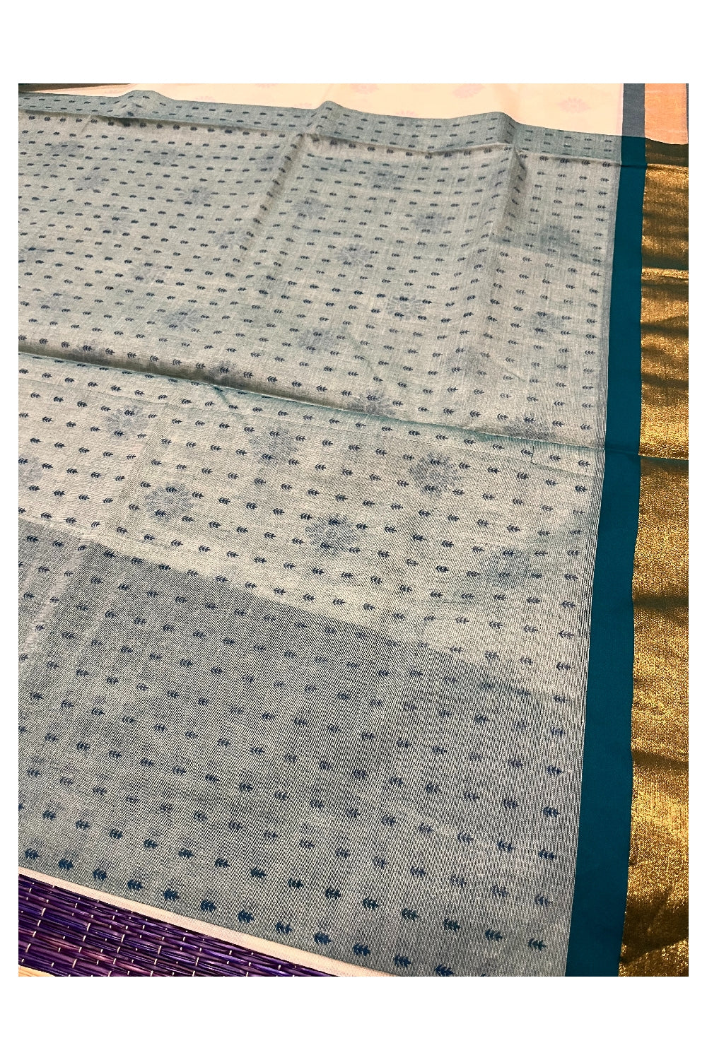 Pure Cotton Kerala Saree with Teal Blue Block Printns and Kasavu Border (Vishu 2024 Collection)